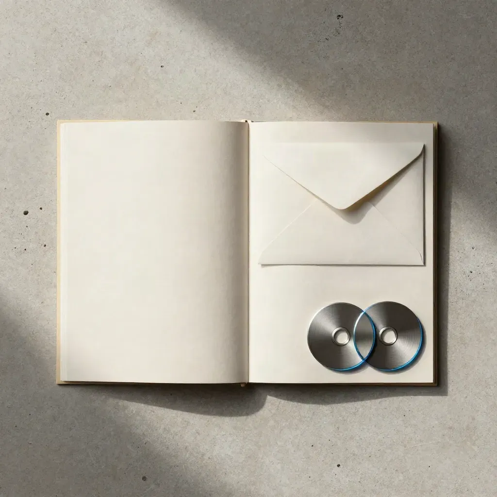 Bovenaanzicht van een veiligheid-checklistboekje met envelop en twee metalen tokens